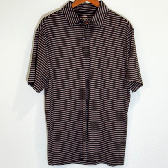 RW Rorie Whelan Golf Black Gray Striped Short Sleeve Polo Shirt Size Large - Picture 1 of 5